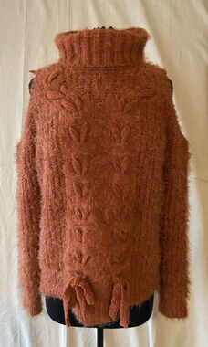 Miss Me Womens Sweater Size Large Shoulder CutOut Orange Fuzzy Chunky Turtleneck